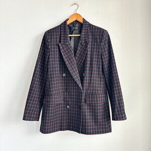 Zara Basic Black Red Window Pane Plaid Double Breasted Blazer M